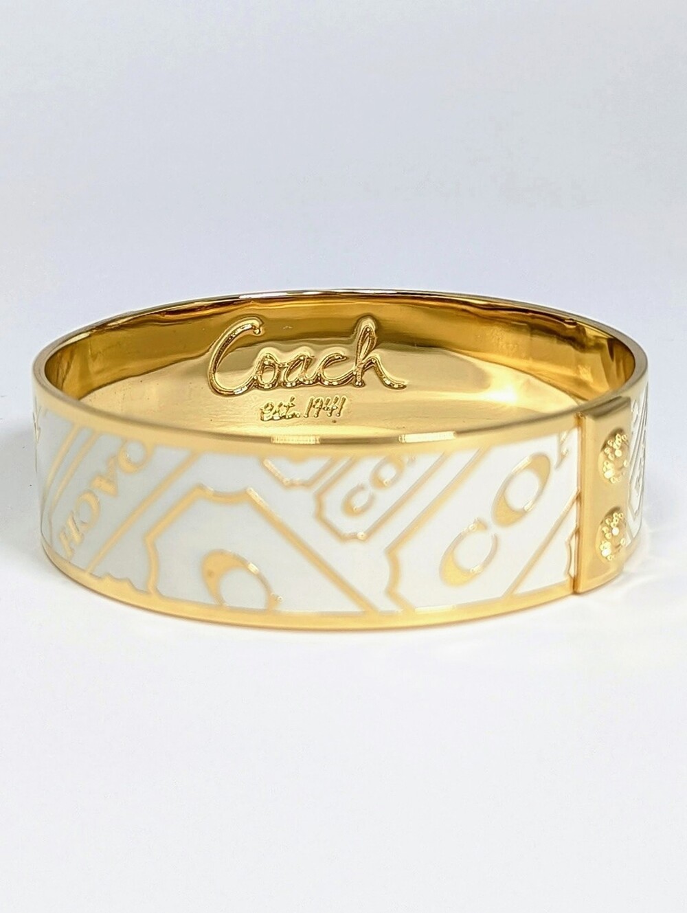 COACH Ticket Motif Wide Bangle White Enamel Gold Tone 60g Continuous Band - Picture 4 of 8